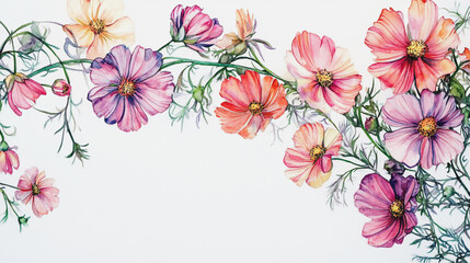 Elegant wedding invitation card background . Minimal hand painted watercolor Cosmos flowers texture template background. Design for wedding, vip cover, poster, rsvp moderncard.Valentine's Day

