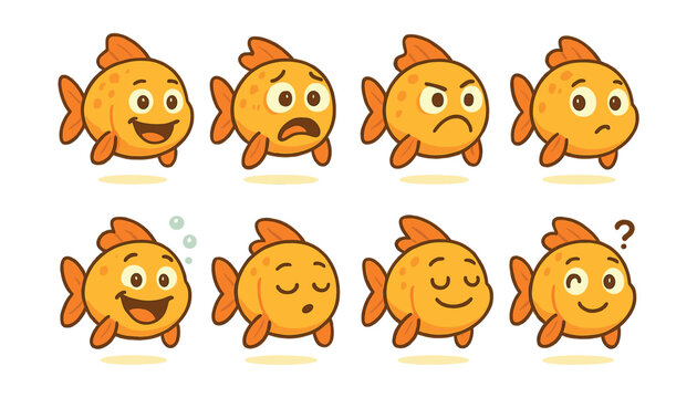 Expressive fish icons set: cute and comical emotions in for creative projects. Vector icons