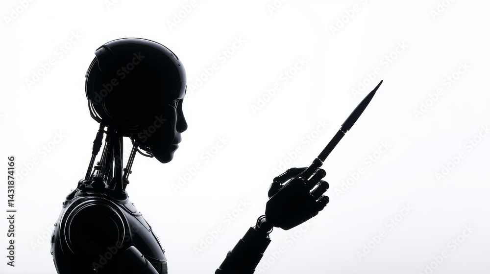 Poster silhouette robot holding pointed object - futuristic technology, artificial intelligence, robotic pr