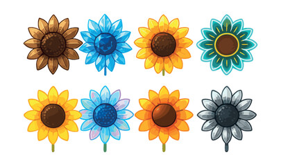 Vibrant metallic sunflower icons set: collection featuring eight unique designs. Vector icons