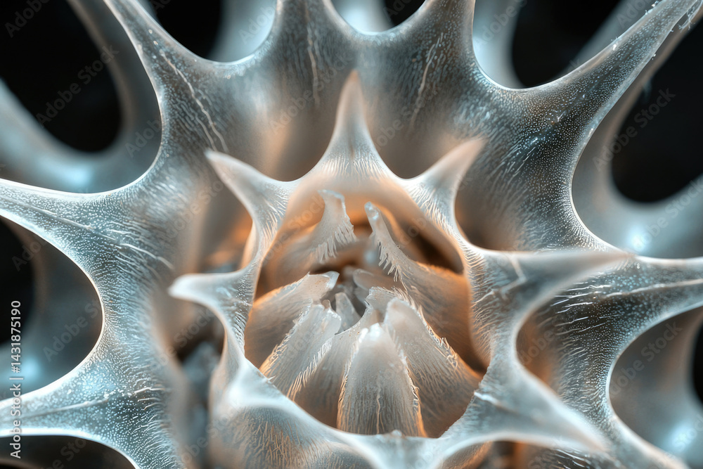Poster intricate, translucent structure resembling a flower or cell, showcasing detailed textures and delic