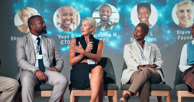Business people, speaker and panel for audience, presentation and seminar for start up conference or convention. Woman, microphone and question for international trade show, event or workshop