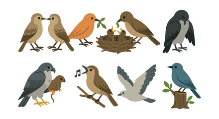 Bird behavior icons set: nesting, feeding, singing, flying - flat style. Vector icons