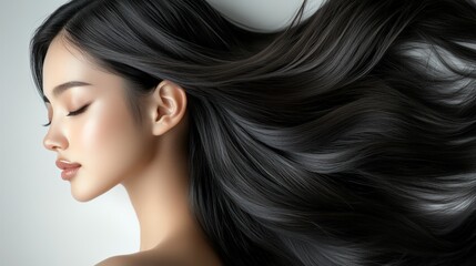 A serene woman with long, flowing black hair