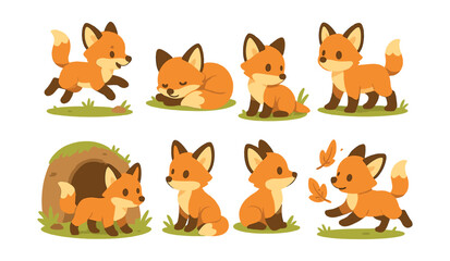 Obraz premium Charming fox cub icons set: playful and adorable foxes in various poses. Vector icons