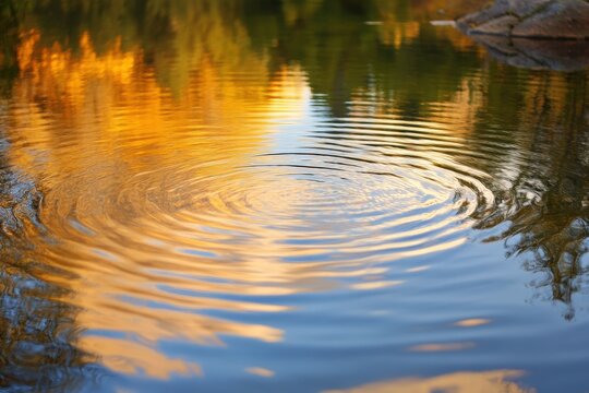 Golden reflections ripple on still water surface.