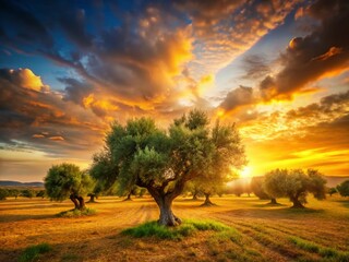 Fototapeta premium Slow Motion Sunset: Olive Grove in Gentle Breeze - Stock Photo