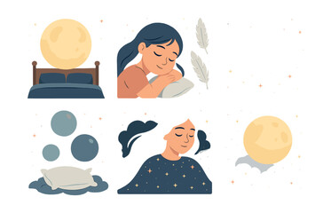 Fototapeta premium Dreamy moonlit slumber: peaceful sleep and nighttime icons set for relaxation themes. Vector icons