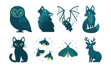 Fototapeta premium Enchanting moonlit animal icons - featuring owl, wolf, bat, fox, cat, fireflies, moth, deer. Vector icons