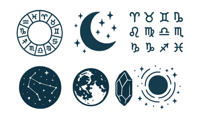 Cosmic moon symbols icon set: zodiac, constellation, crystal icons in . Vector icons