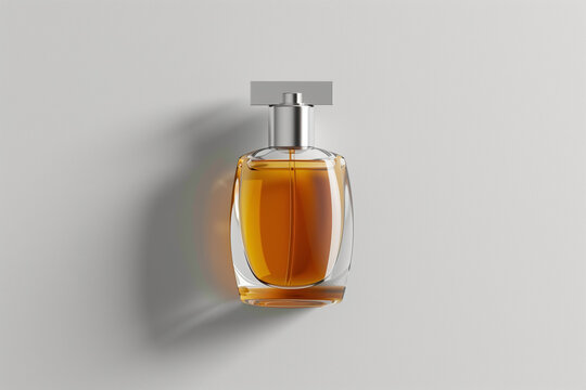 Golden-hued perfume bottle with a silver pump on a bright surface. Modern and minimal aesthetic ideal for cosmetic branding and high-end product mockups