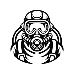 Monochrome Silhouette Man in Full Hazmat Suit with Detailed Gas Mask and Gear