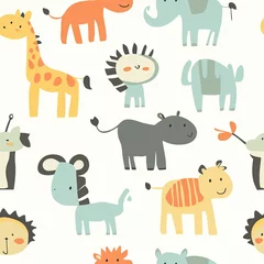 Adorable Cartoon Safari Animals Seamless Pattern: Cute Giraffe, Elephant, Lion, Rhino, and More