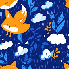 Naklejka premium Charming Foxes Soaring Through a Rainy Day Delightful Cartoon Pattern