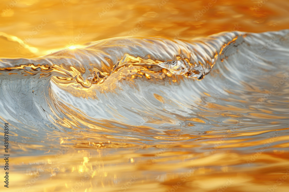 Poster Golden sunlight illuminates a breaking wave, creating a mesmerizing display of light and water.
