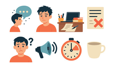 Distraction and challenge theme icons set: for workflow and focus. Vector icons