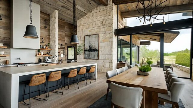 Modern farmhouse kitchen and dining area with stone, wood, and large windows overlooking a landscape