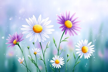 Sunny Spring Meadow Daisies Watercolor - Delicate daisies in a sun-drenched meadow, symbolizing springtime, new beginnings, purity, happiness, and serenity