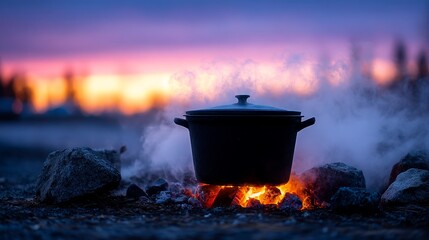Sunset Campfire Cooking - A black pot simmers over a campfire at sunset, creating a warm and inviting scene. Perfect for outdoor cooking, camping, and adventure themes