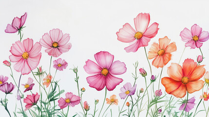 Elegant wedding invitation card background . Minimal hand painted watercolor Cosmos flowers texture template background. Design for wedding, vip cover, poster, rsvp moderncard.Valentine's Day