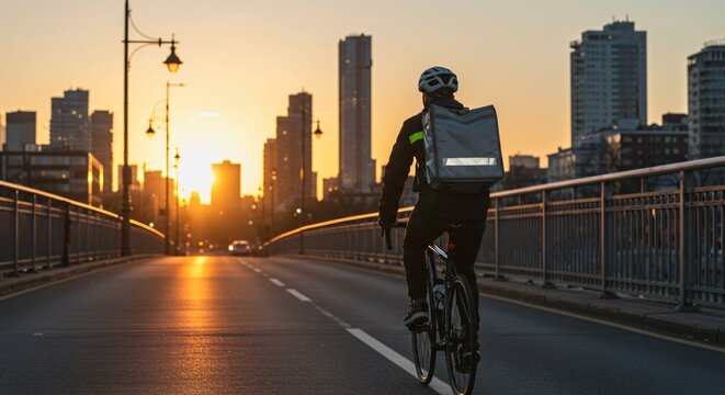 Man on bicycle with delivery bag riding across a bridge with city skyline view at sunrise concept for urban courier service.