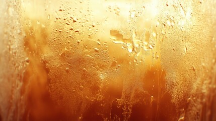 Cold, amber drink condensation, sunlit background, texture