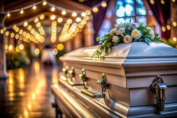 Fototapeta premium Solemn White Casket in Hearse: Funeral Service Preparation Stock Photo