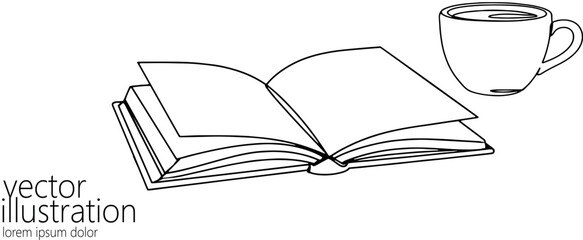 Open book with cup of coffee illustration. Pages are spread showing reading process. Education literature,or morning routines. Simple line art, top view, white background
