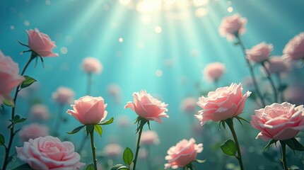 Obraz premium dreamy fantasy background, pink flower, plants under water at river floor, sunlight rays shine