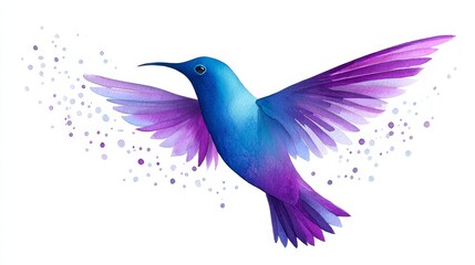 Obraz premium Vibrant Hummingbird in Flight - Watercolor painting of a hummingbird with purple and blue iridescent wings, in flight against a white background
