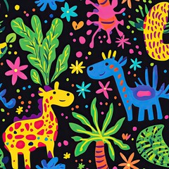 Vibrant Tropical Animal Print: Colorful Giraffes, Exotic Flora and Fauna Seamless Pattern