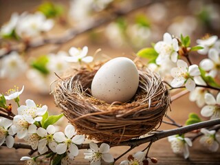 Speckled Egg in Bird's Nest with White Flowers - Springtime Nature Stock Photo