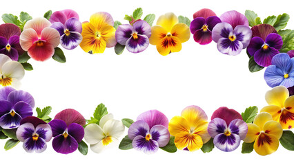 Vibrant frame of colorful pansies with varied hues, perfect for spring designs