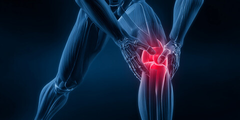 X-ray style image of human leg with highlighted knee pain, showcasing anatomy and injury, representing medical illustration for healthcare or pain relief concepts