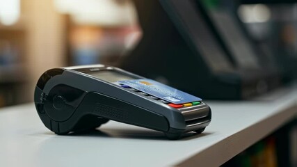 Close up of hand swiping credit card using payment terminal. Making cashless purchase with banking card on point of sale device animation. E commerce and financial transaction concept motion footage. - Powered by Adobe