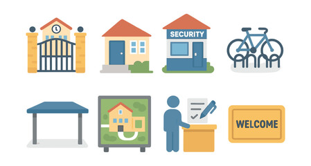 Fototapeta premium School entrance icons set: security, welcome, and facilities in flat style. Vector icons