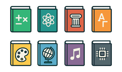 Colorful educational textbook icon set in . Vector icons