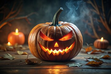 Fototapeta premium Spooky 3D Rendered Halloween Jack O'Lantern with Menacing Grin - Low Light Photography