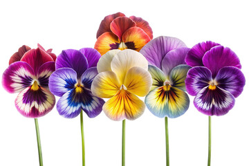 Fototapeta premium Group of vibrant pansy flowers in multiple colors isolated against white backdrop