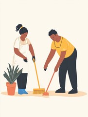 Two friendly cleaners collaborating to lift furniture while cleaning the floor in a bright and cheerful environment, showcasing teamwork and positivity