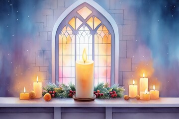 Watercolor Christmas Candlelight Church Window - Cozy Christmas scene, symbolizing peace, hope, warmth, faith, and joy. Candles glow in a church window, creating a serene atmosphere