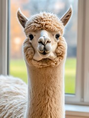 A Curious White Alpaca Stares Intently at the Camera, Framed Against a Soft, Natural