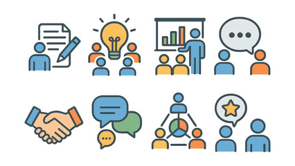 Teamwork and collaboration icon set – featuring communication and leadership symbols. Vector icons