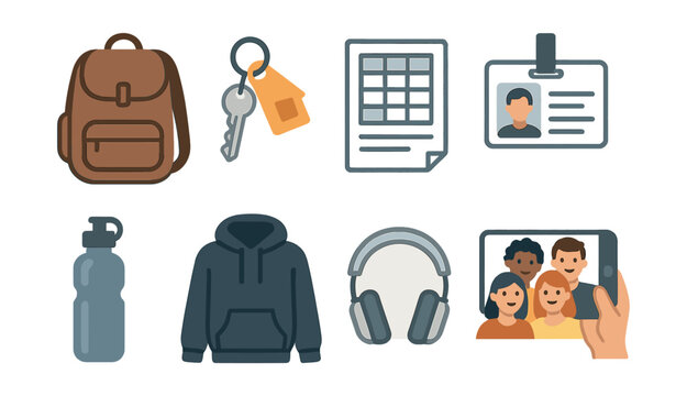 Essential university icons set: icons for backpack, keys, schedule, id, bottle, hoodie, headphones, selfie. Vector icons