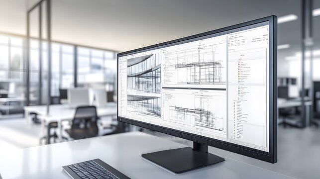 Modern office workspace with a large monitor displaying architectural blueprints and 3D models.  Clean design, sleek technology, and a blurred background suggest productivity and innovation.