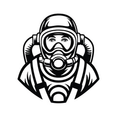 Black And White Mascot of a Man Wearing Hazmat Suit, PPE, Safety Mask, & Protection
