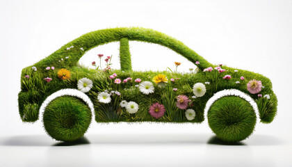 Silhouette eines Auto aus Gras und Blüten, weißer Hintergrund