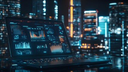 Laptop displaying futuristic data analytics interface against a blurred city night skyline.
