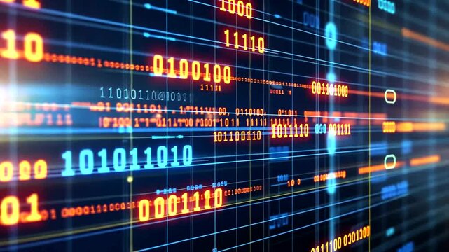 Abstract digital binary code background with glowing lines