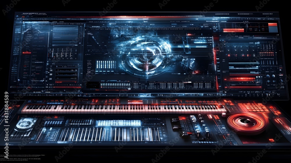 Poster futuristic digital audio workstation with a large screen displaying dynamic data visualizations and 